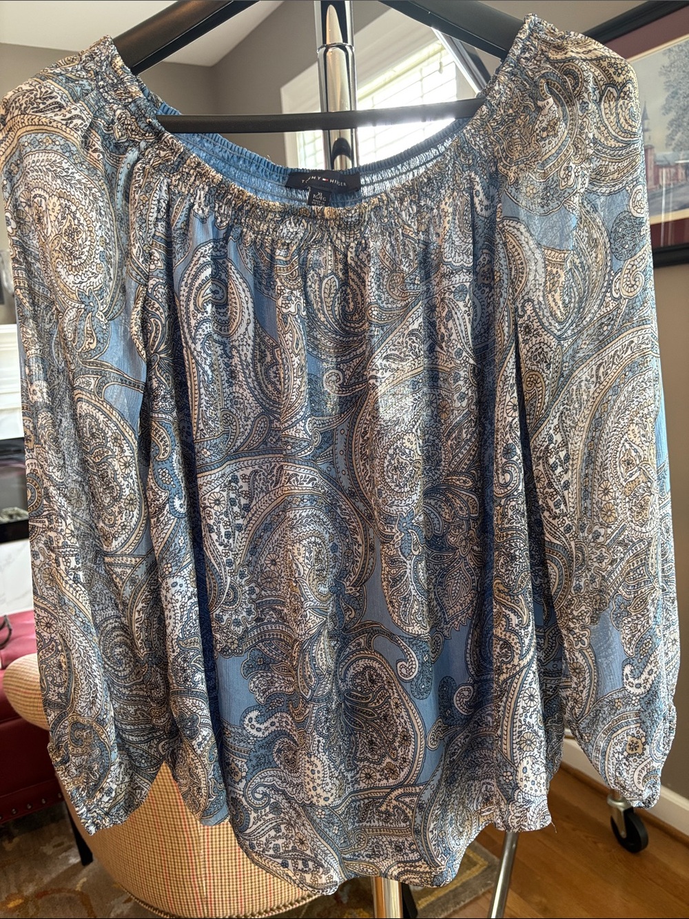 Tommy Hilfiger Blue and Cream Paisley Off-Shoulder Blouse